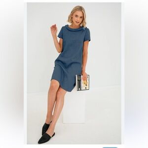 LE MUSE Story Linen A-line Collared Bow Back Mini Dress Chambray Blue Size L
